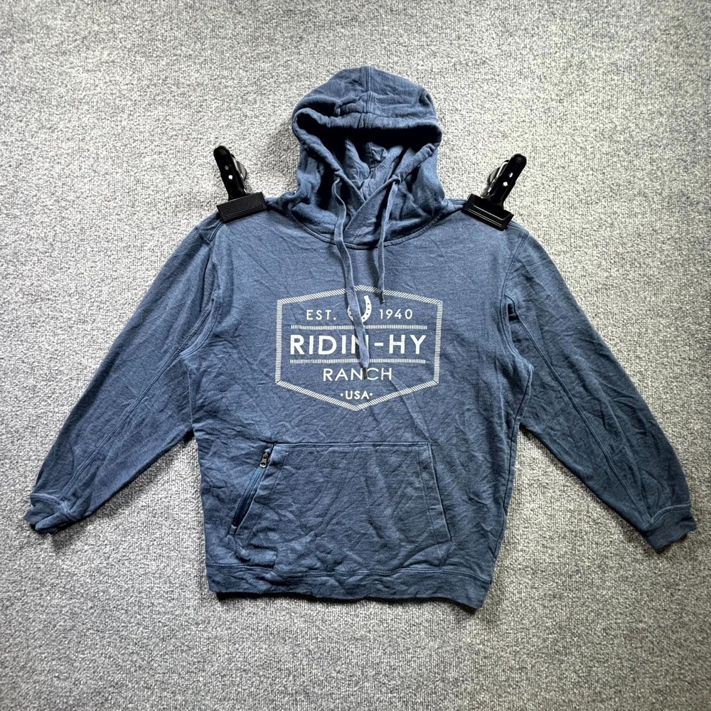 Ouray Sportswear Ridin-Hy Ranch Hoodie Mens M Blue Fleece Drawstring Outerwear